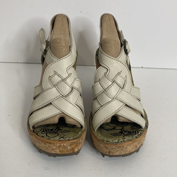 Fly London Shoes Womens 38 7.5 8 Cream Beige Leather Cork Wedge Platform Sandals - Picture 2 of 13